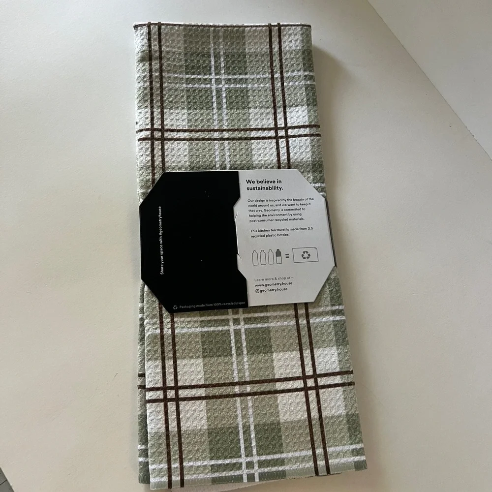 Geometry Kitchen Tea Towel Plaid White Green Brown 18 x 30